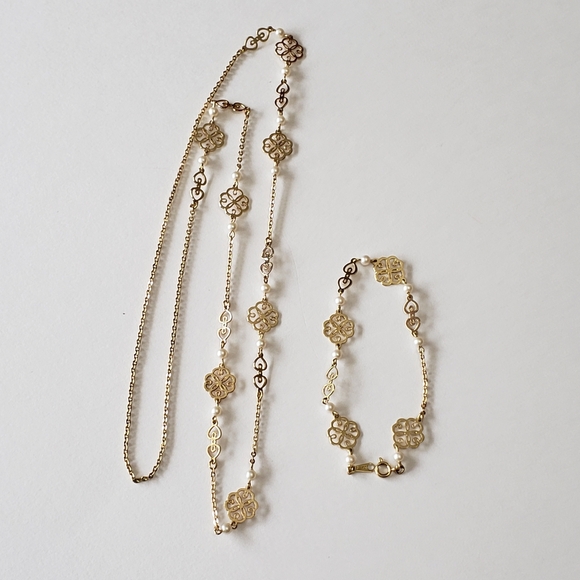 Vintage Avon Floral Chain Gold-Tone Bracelet and necPearl Accent Filigree Spring - Picture 2 of 7